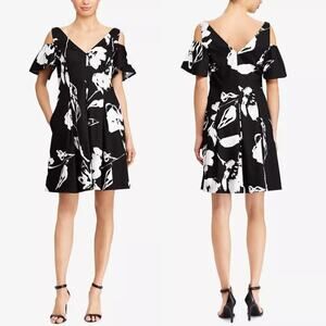 Lauren Ralph Lauren NWT Black & White Floral Cold Shoulder fit & Flare Dress